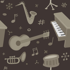Musical instruments. Vector seamless pattern. Background made with retro style illustrations of various musical instruments and music notes.