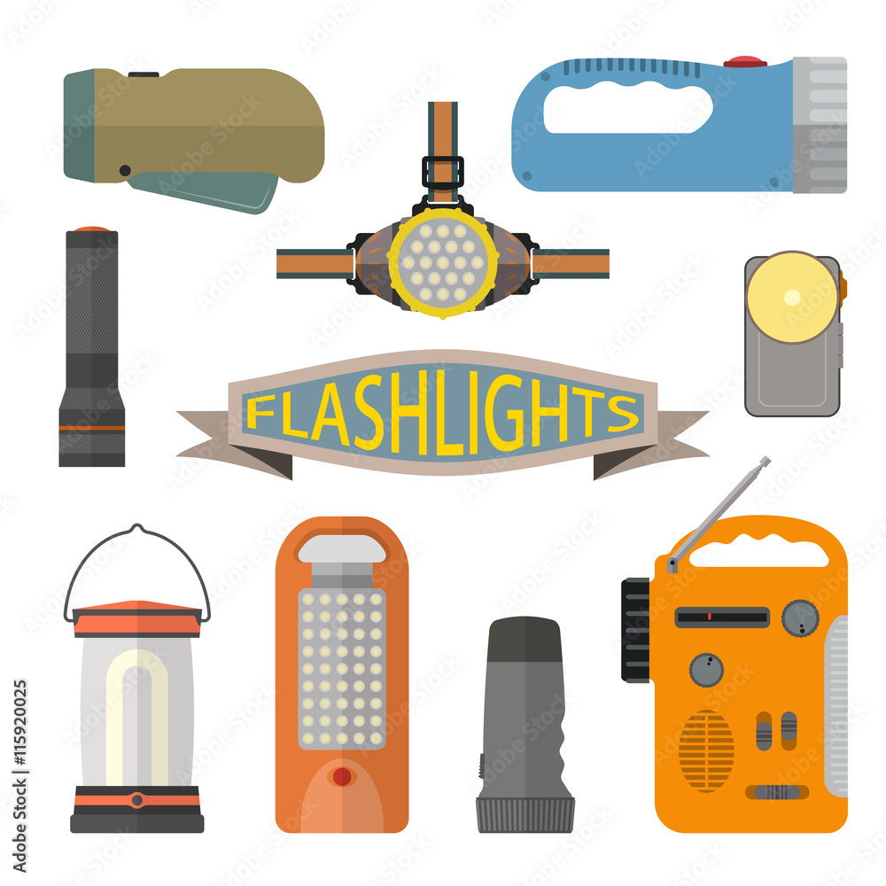 Poster vector set of flashlights in flat style. design elements and icons isolated on white background. hea