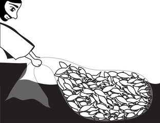 Fishermen's nets full of fish. Black and white cartoon illustration. Christianity art.
