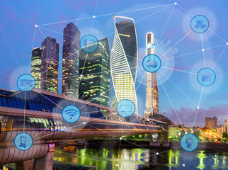 night city and wireless communication network, IoT Internet of Things and ICT Information Communication Technology concept