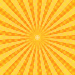 Sun in pop art style.  Halftone color background. Pattern design for banner, poster, brochure. Vector illustration.
