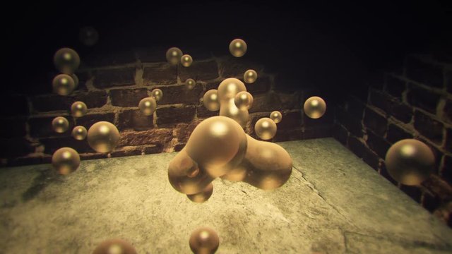 3D golden liquid droplets joining and separating in an urban alley