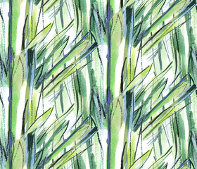 print, seamless pattern with watercolor stalks, stripes, green leaves on a white background. Wrapping paper.