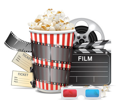 Popcorn box, film strip, ticket. Detailed vector illustration.