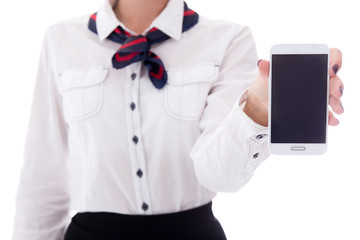 travel and booking concept - stewardess holding smart phone with