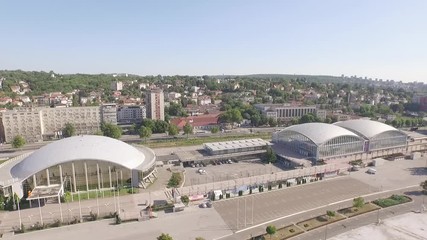 Aerial panorama: Belgrade Fair site and lower city. Place of Belgrade Auto Show, Book Fair and leading commercial fairs. Serbia capitol city