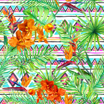 Tribal design, tropical leaves, exotic flowers. Repeating pattern. Native watercolor