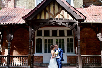 Wedding couple on the nature is hugging each other. Beautiful model girl in white dress. Man in suit. Beauty bride with groom. Female and male portrait. Woman with lace veil. Lady and guy outdoors