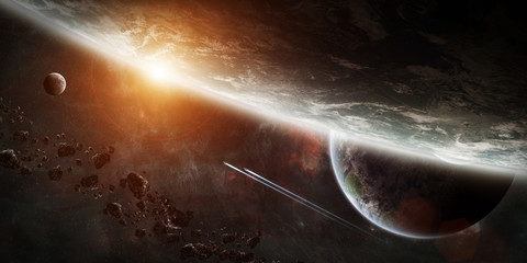 Sunrise over group of planets in space © sdecoret