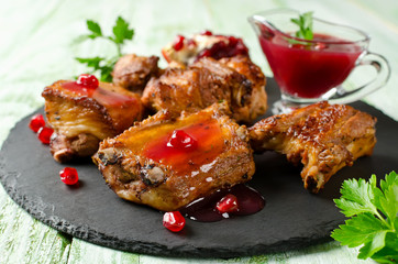 Grilled pork ribs on skewers. Barbecuing lunch