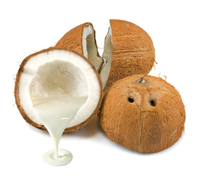 Isolated image of a coconut and coconut milk on a white background
