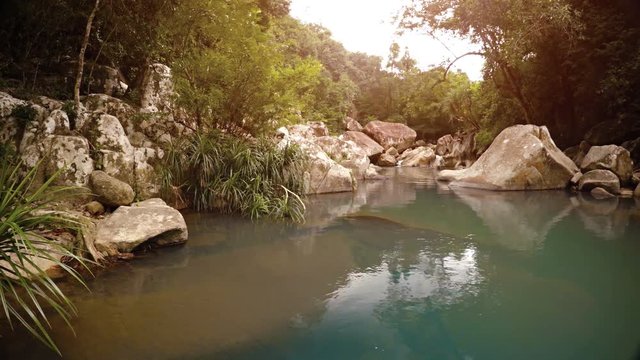 Deceptively peaceful waters gathering in a pool before the brink of Ba Ho Waterfall near Nha Trang, Vietnam, with sound. UltraHD video