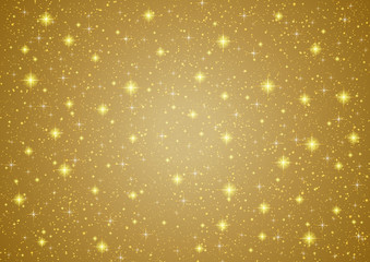 Sparkling twinkling Stars on abstract Gold background. Cosmic shiny galaxy (atmosphere). Holiday blank texture for Christmas (Xmas), Happy New Year , golden glow milky way elements (fantasy sky)