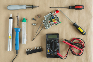 Flat lay of Tools for electrician Repair