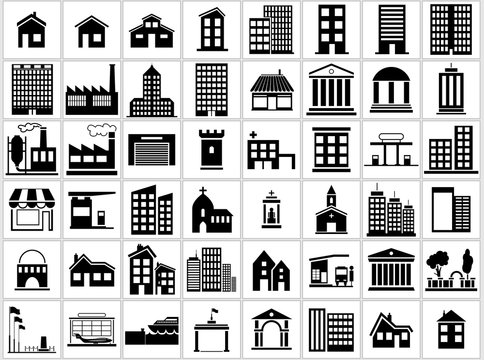 Building Icons Set - Black and White Icon Collection, Vector Illustration