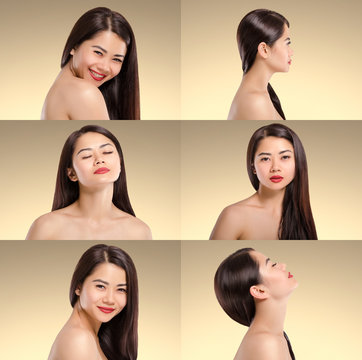 Beautiful Asian Woman Collage. Long dark hair. Natural. Beauty.