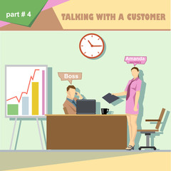Business company roles situation infographics with boss and talking with a customer and secretary at work. Digital vector image