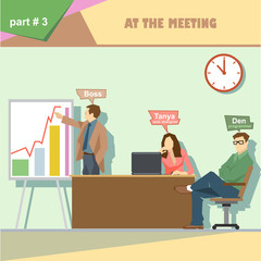 Business company roles situation infographics with boss, web designer and programmer in a meeting at work. Digital vector image