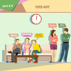 Business company roles situation infographics with boss, secretary, accountant, programmer and web designer having a break at work. Digital vector image