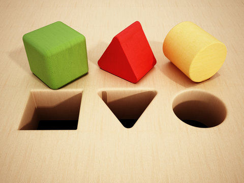 Cube, prism and cylinder wooden blocks in front of holes. 3D illustration