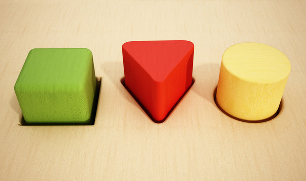 Cube, prism and cylinder wooden blocks inside holes. 3D illustration