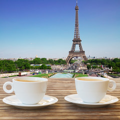 two cups of coffee in Paris with view of Eiffel Tower