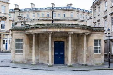Blue doors of The Cross Bath Spa. Spa in the centre of the UNESCO World Heritage City of Bath, site of Roman baths and modern luxury spas