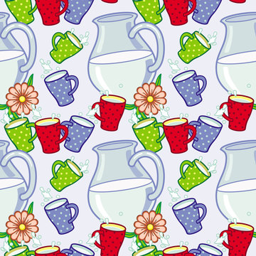Seamless pattern with milk jugs. Vector clip art.