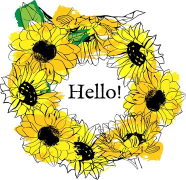 Vector floral wreath with yellow sunflowers and copyspace