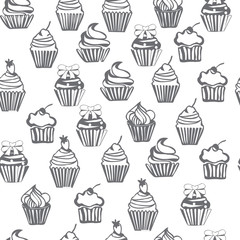 monochrome seamless pattern with cupcakes, cute background.