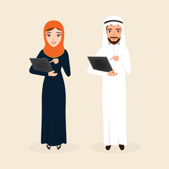 Arab people communication with tablet. arab people character. bu