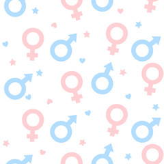 Gender symbols seamless pattern. Male and female Icons with stars and hearts. Vector signs background.