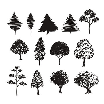 Trees silhouette vector decoration. Hand drawn sketches isolated set