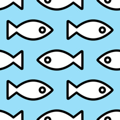 Fish icon seamless pattern. Vector illustration on blue background 