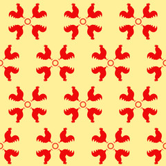 Chinese zodiac year of the rooster design. Red and gold seamless pattern background with roosters. Symbol of 2017 year. Red rooster texture. Oriental happy new year illustration. Chinese New year 2017