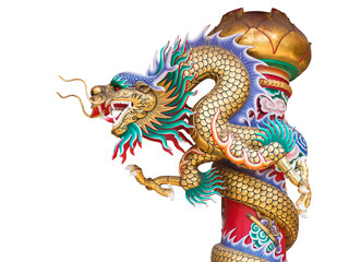 Fototapeta na wymiar Chinese dragon statue on the pole isolated with clipping path