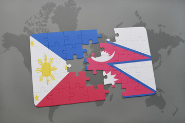 puzzle with the national flag of philippines and nepal on a world map background.