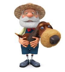 3D illustration the farmer with a dog and a rake