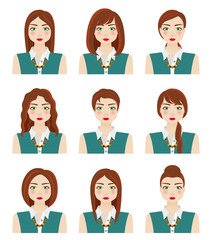 Attractive young girl with different hairstyles. Brown hair, green eyes and freckles. Autumn woman. Vector illustration.