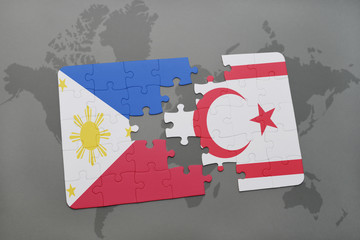 puzzle with the national flag of philippines and northern cyprus on a world map background.