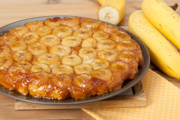 Traditional Homemade Banana Caramel Pie. French Tart Tatin.
