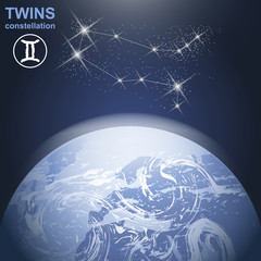 Twins constellation with stars and planet earth in 3d with light and atmosphere. Digital vector image