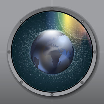 View from rocket or ship porthole on planet earth in space over a background with glowing stars. Digital vector image