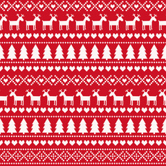 Christmas seamless pattern, card - Scandinavian sweater style. Cute Christmas background - Xmas trees, deers, hearts and snowflakes. Design for textile, wallpaper, web, fabric, decor etc. - 115939461