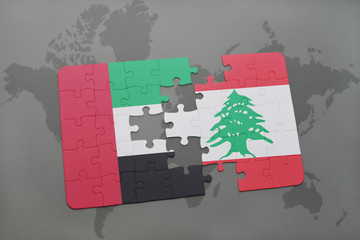 puzzle with the national flag of united arab emirates and lebanon on a world map background.