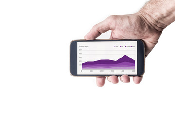 Hand holding smartphone with business and financial report, graph of economic statistics