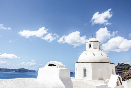 White church in Thira on Santorini Island, Greece