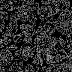 Doodle seamless background with steampunk birds and flowers.