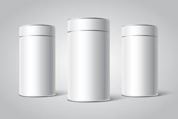 Three White Blank Tin can packaging mockup. Tea, coffee, dry products, gift box. Place your design.