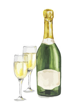 Isolated watercolor champagne bottle with glasses on white background. Alcohol bottle for decoration of menu, cafe, restaurant.